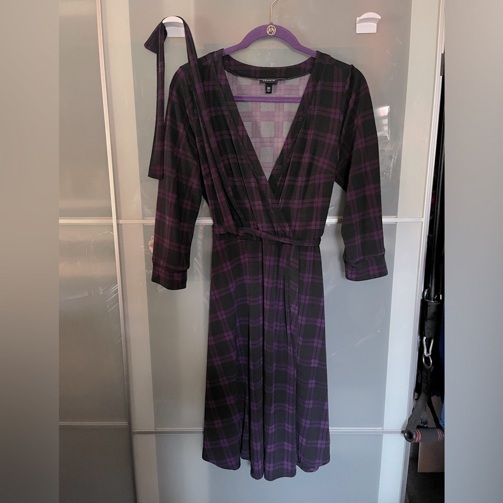 Plaid purple faux wrap dress.